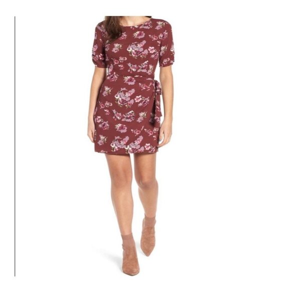 Astr Womens Dress Burgundy Floral Wrap Keyhole Cottagecore Faux Wrap Size M - Picture 1 of 13